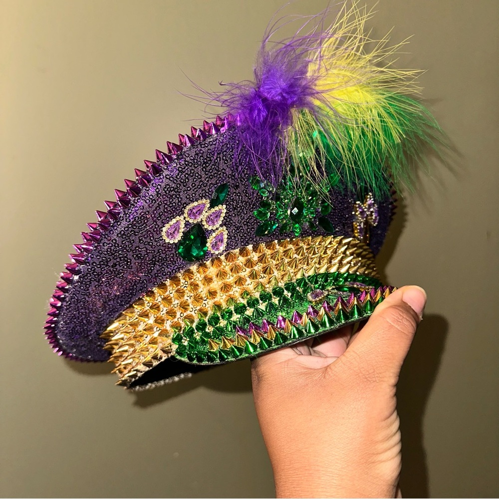 Purple, Gold & Green Studded Beret with Feathers